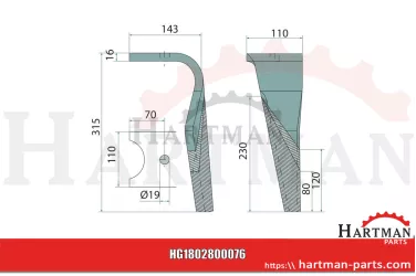 Ząb brony aktywnej prawy, z powłoką 315 x 120 x 16 mm K2500100, K25022