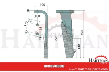 Ząb brony aktywnej prawy, z powłoką 350 x 110 x 14 mm 52552410, 525.52