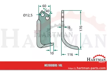 Nóż wygięty lewy, typ L M73100404R, M73100404, 73100404