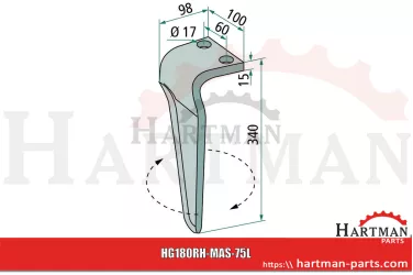 Ząb brony aktywnej prawy, grubość 340 mm M36100210R, M36100210, 361002