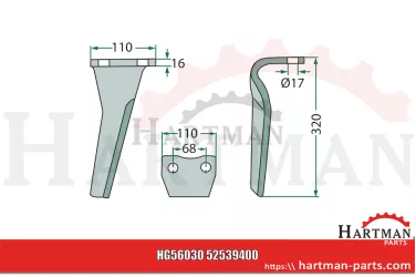 Ząb brony aktywnej lewy, HR 1001/02, 3002 52539500, 52560500